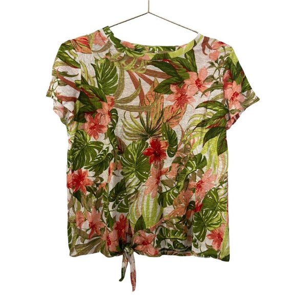 J Jill Love Women's 100% Linen Short Sleeve Crew Neck Floral Top T-Shirt Size XS - Picture 1 of 4